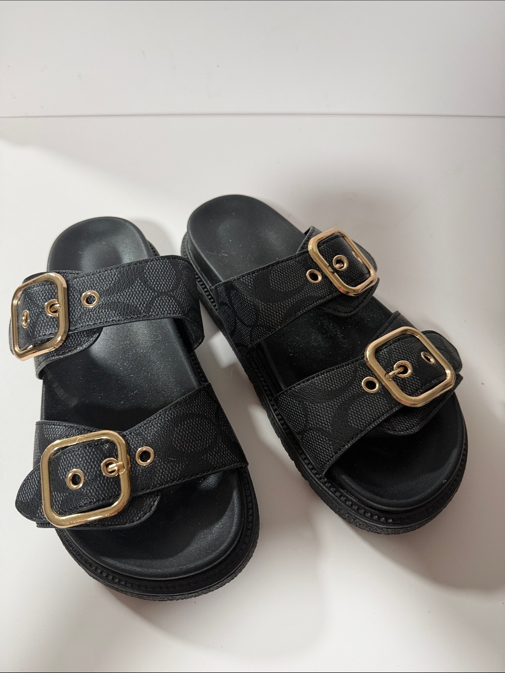 Women’s Black Double-Buckle Slide Sandals with Gold Hardware